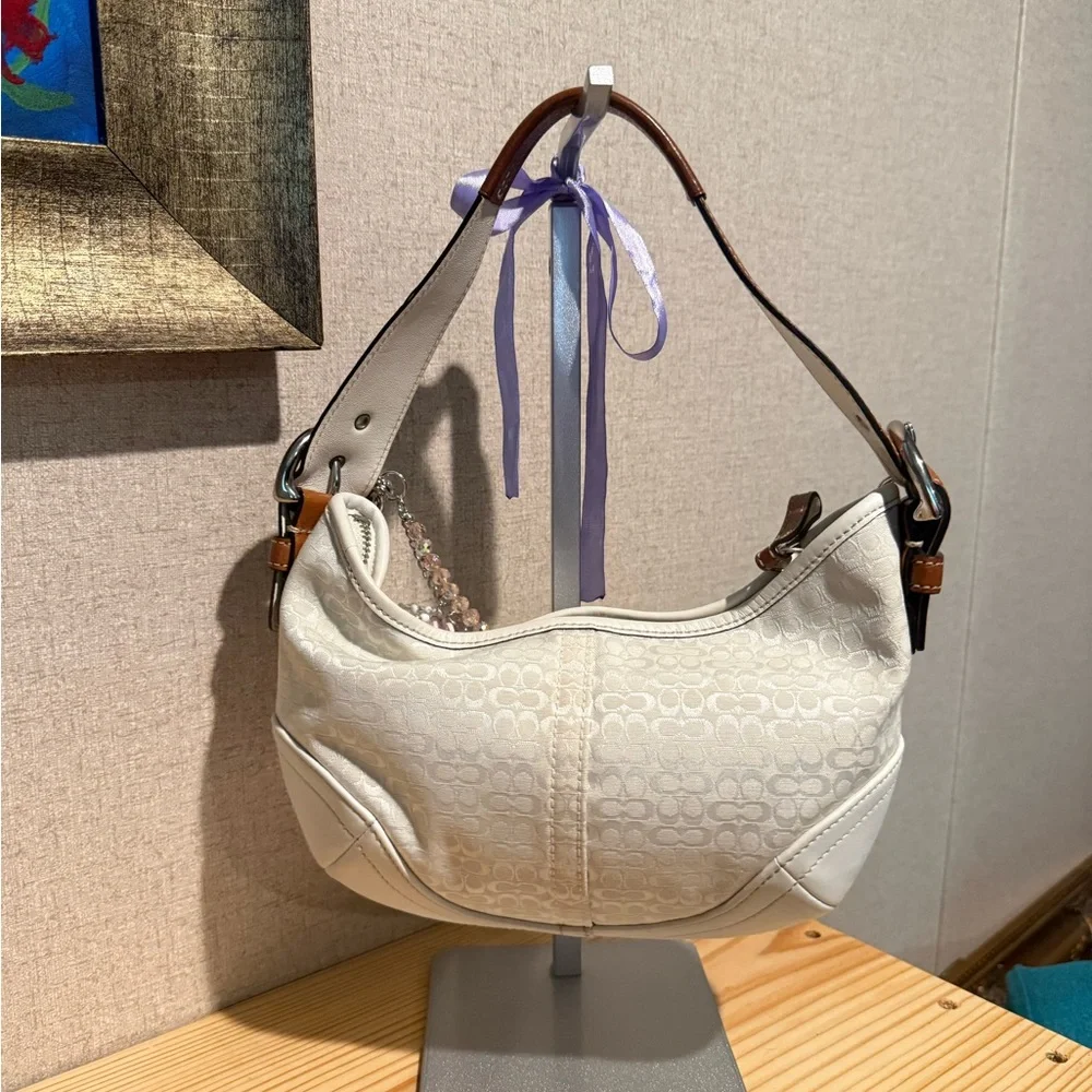 Vintage Coach Signature Jacquard Demi Bag White and brown small Hobo Purse - Picture 2 of 7